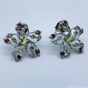 Flower shaped Peridot Rhodolite Garnet Gemstone 925 Silver Earrings